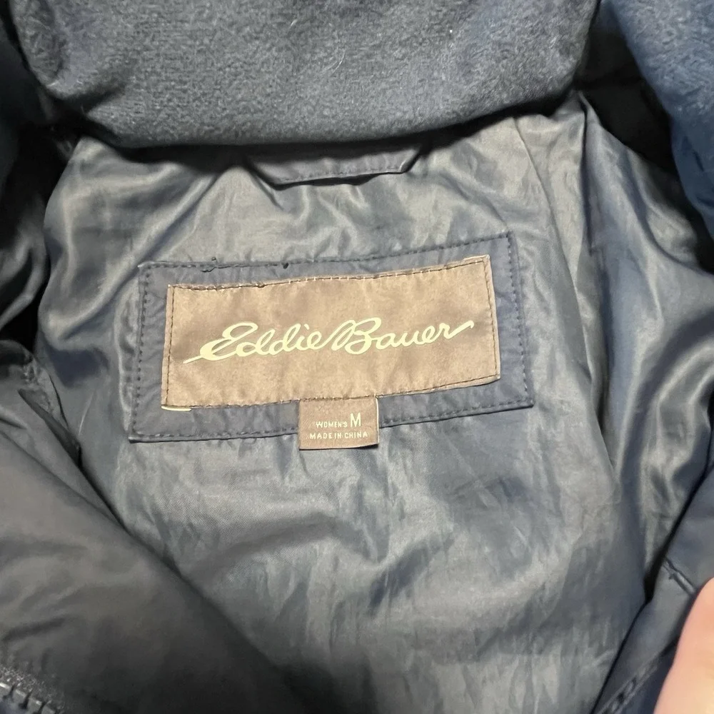 Eddie Bauer Women's‎ Down Puffer Jacket with Faux Fur Hood - Size M - Navy Blue